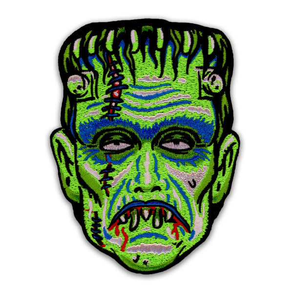 "Son of Frankie" 3.75" x 5"  green face Frankenstein's monster inspired embroidered patch. Shown in close up