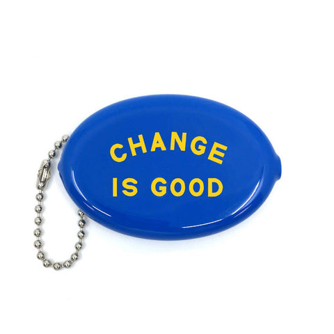 bright blue rubber oval shaped coin pouch with yellow message "CHANGE IS GOOD". With attached ball chain in silver metal