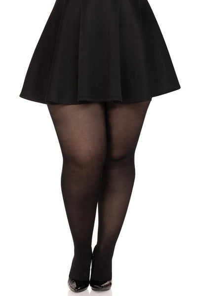 Plus sized model wearing sheer black tights, shown from front