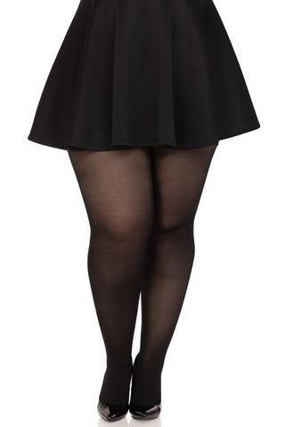 Plus sized model wearing sheer black tights, shown from front