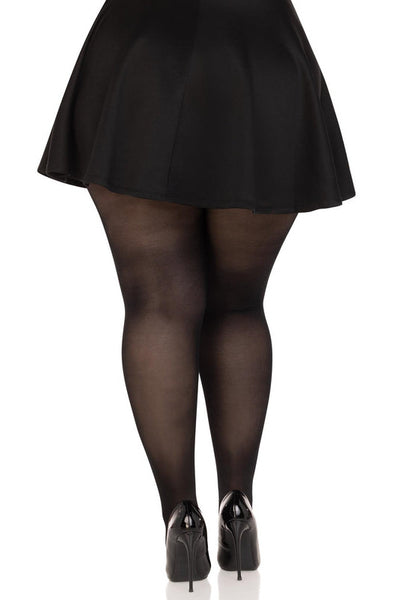 Model wearing sheer black tights, shown from back