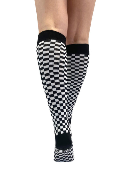 Black & White Checker Print Knee Socks