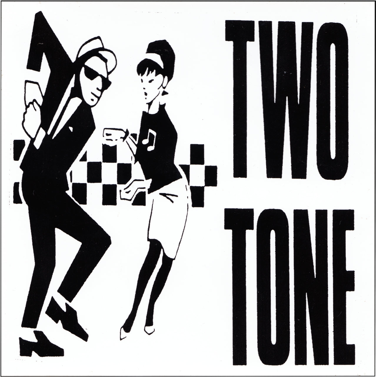 White square vinyl sticker with a black and white checkerboard pattern & rude boy and girl ska cartoons with caption “TWO TONE”