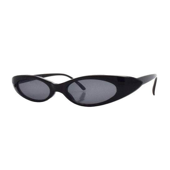 skinny black cat-eye sunglasses with black smoke lenses shown from side