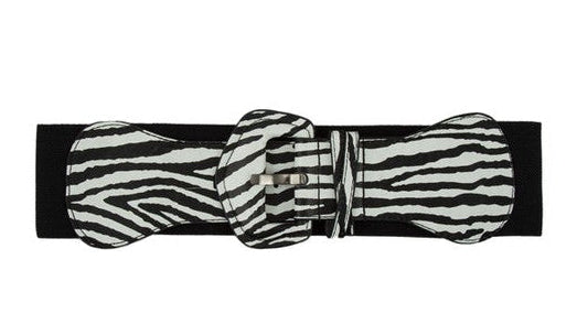 Zebra print belt with a self buckle and black elastic back on a white background