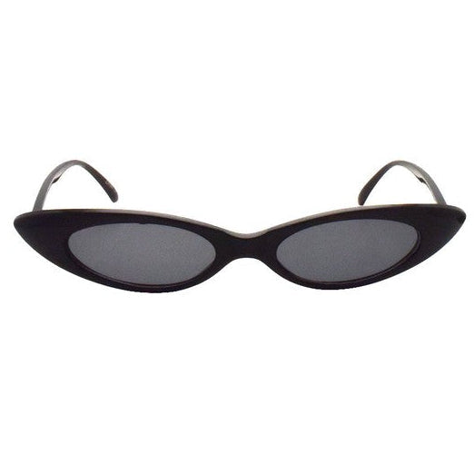 skinny black cat-eye sunglasses with black smoke lenses shown from front