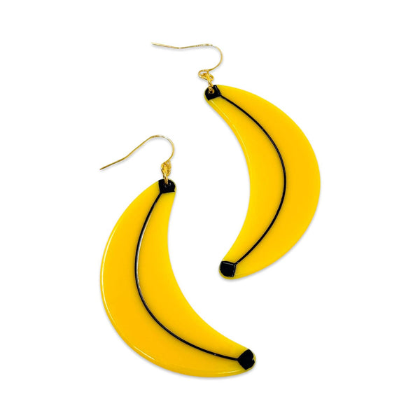 cellulose acetate dangle earrings in the shape of a pair of yellow bananas with black detail