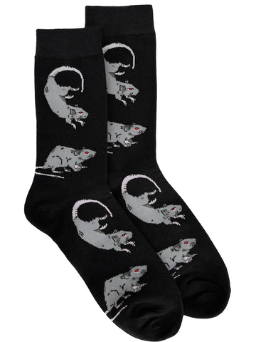 black cotton crew socks with knit-in pattern of grey rats with red eyes in various poses