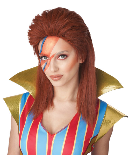 A woman wearing a red hair wig styled like David Bowie's Ziggy Stardust style auburn red hair, with orange and blue face paint, a gold cape collar, and a red, blue, and yellow striped costume top against a white background. Shown from front