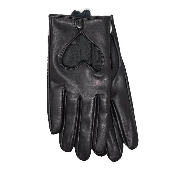 A pair of black faux leather wrist-length gloves with a heart-shaped cutout on the back of the hand and single snap closure. Shown flat