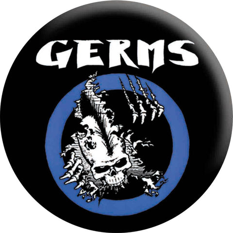 1.25" round pinback with Germs blue circle and skeleton on a black background