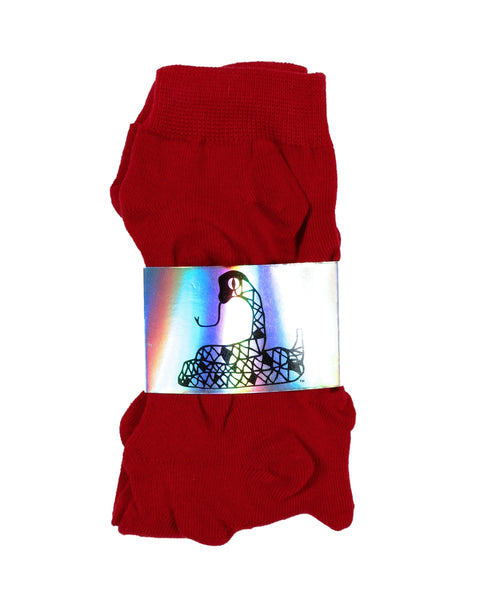 red cotton blend socks knit with short row technique to create triangle "spikes" in the fabric of each sock. Shown in their holographic branded packaging
