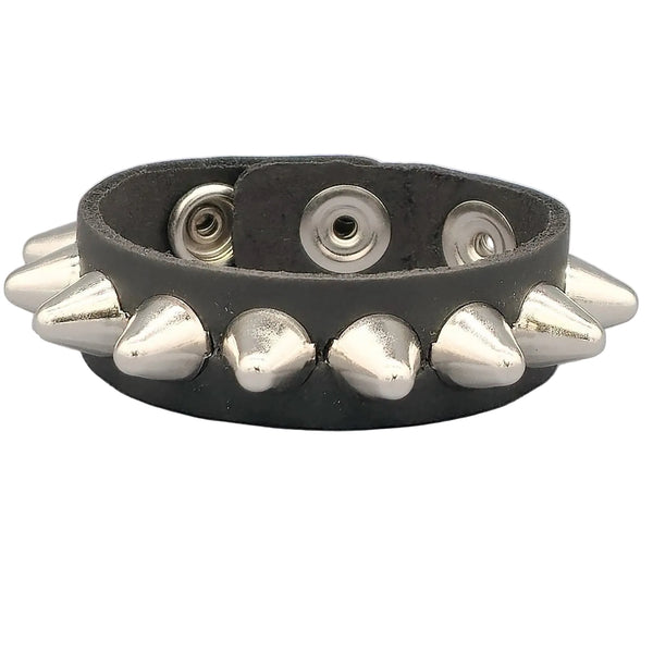 Single row silver metal English cone studded 3/4” wide black leather bracelet with double snap closure