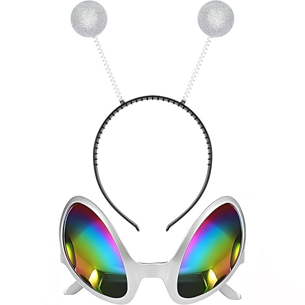 Sunglasses with colorful lenses and a headband with pom-poms on a white background