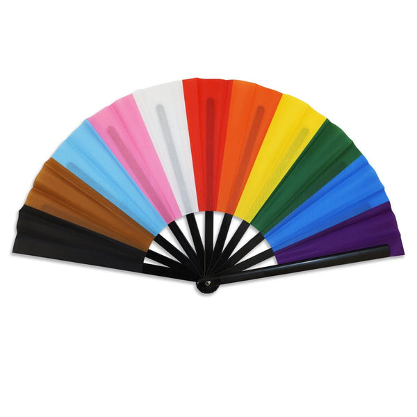oversized progress pride colored rainbow folding fan shown flat
