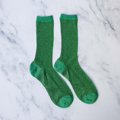 Green lurex ribbed crew socks with cuffs, toes, and heels in a slightly lighter shade of green