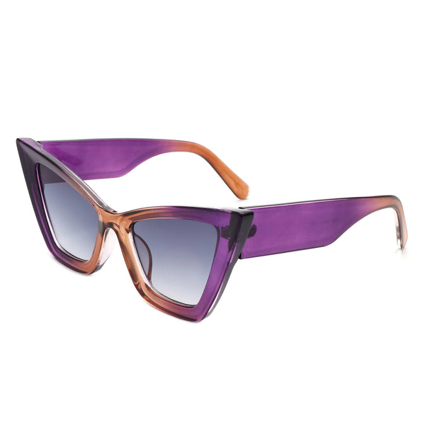 Oversized angular cat-eye thick plastic frame sunglasses in a semi-translucent purple to orange gradient with black smoke gradient lens, shown 3/4 view