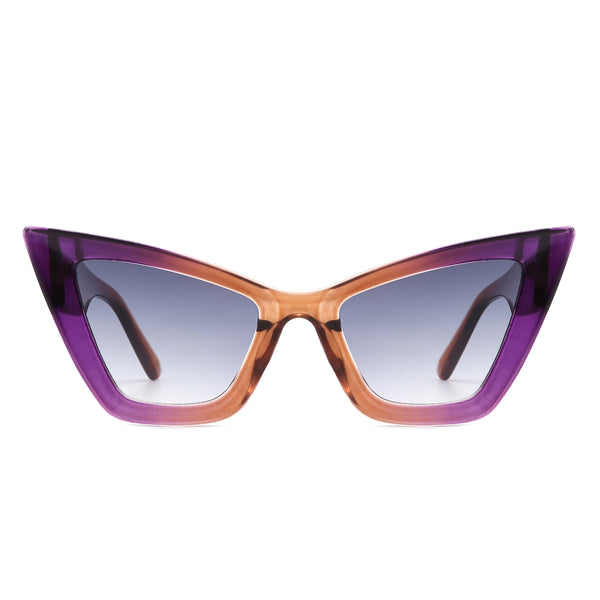Oversized angular cat-eye thick plastic frame sunglasses in a semi-translucent purple to orange gradient with black smoke gradient lens