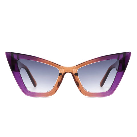 Oversized angular cat-eye thick plastic frame sunglasses in a semi-translucent purple to orange gradient with black smoke gradient lens
