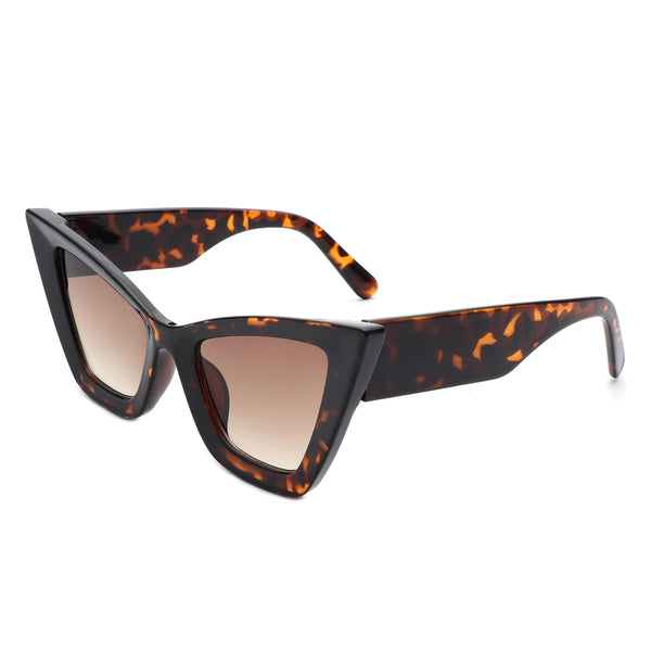 Oversized angular cat-eye thick plastic frame sunglasses in tortoiseshell with brown smoke gradient lens, shown 3/4 view