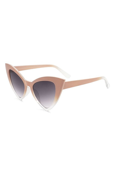 angular cat-eye two-tone plastic frame sunglasses in a pale pink that fades to clear at the bottom and at the arm ends, with a gradient smoke lens, shown 3/4 view