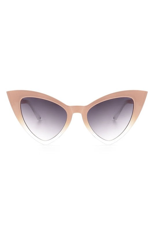 angular cat-eye two-tone plastic frame sunglasses in a pale pink that fades to clear at the bottom and at the arm ends, with a gradient smoke lens