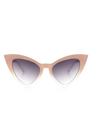 angular cat-eye two-tone plastic frame sunglasses in a pale pink that fades to clear at the bottom and at the arm ends, with a gradient smoke lens