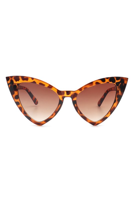 angular cat-eye plastic frame sunglasses in a translucent tortoiseshell pattern with gradient brown lens