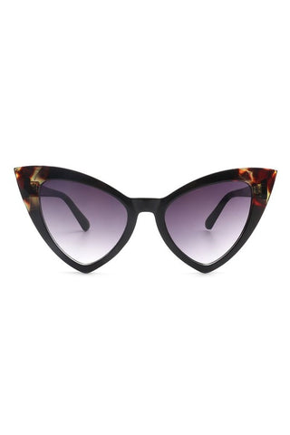 angular cat-eye plastic frame sunglasses in shiny black with tortoiseshell accent at the temple, and gradient smoke lens