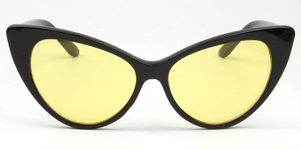 black plastic frame pointy cat-eye shaped sunglasses with bright yellow lens