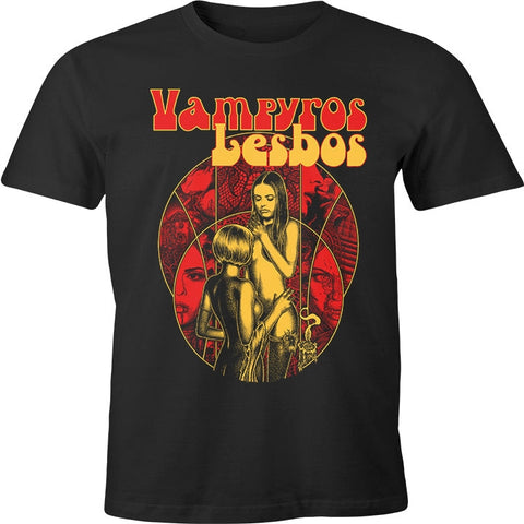Black t shirt with red and orange screen printed illustration of characters from the movie Vampyros Lesbos