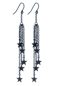 pair 3" long earrings of dangling black metal stars on multiple chains