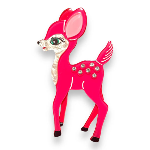 layered acrylic resin brooch of a hot pink deer with large blue eyes and inlaid silver rhinestones on its back