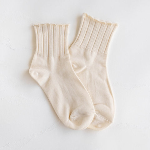 Creamy white cotton knit socks with ribbed pattern and scalloped cuffs. Shown flat