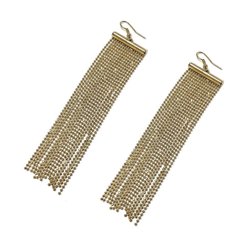 Pair of gold ball chain fringe earrings on a white background