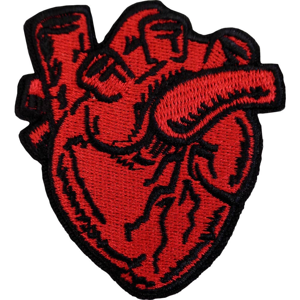 Red and black embroidered patch of anatomical style heart 