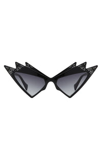A pair of shiny black ultra geometric cat eye sunglasses with three points at the top of each eye and stamped in mock rhinestones, silver stars, and black gradient lenses