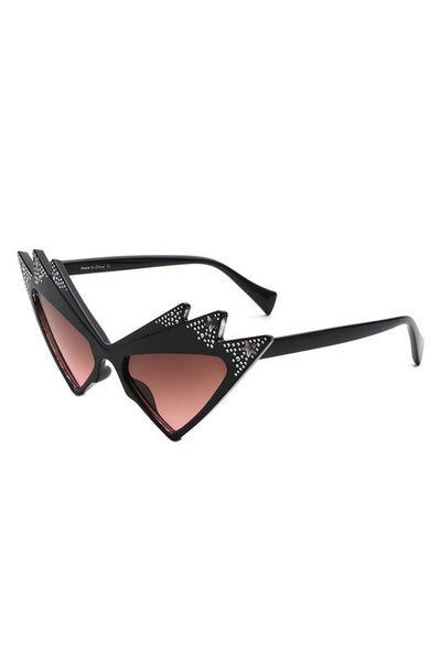 A pair of shiny black ultra geometric cat eye sunglasses with three points at the top of each eye and stamped in mock rhinestones, silver stars, and brown gradient lenses
