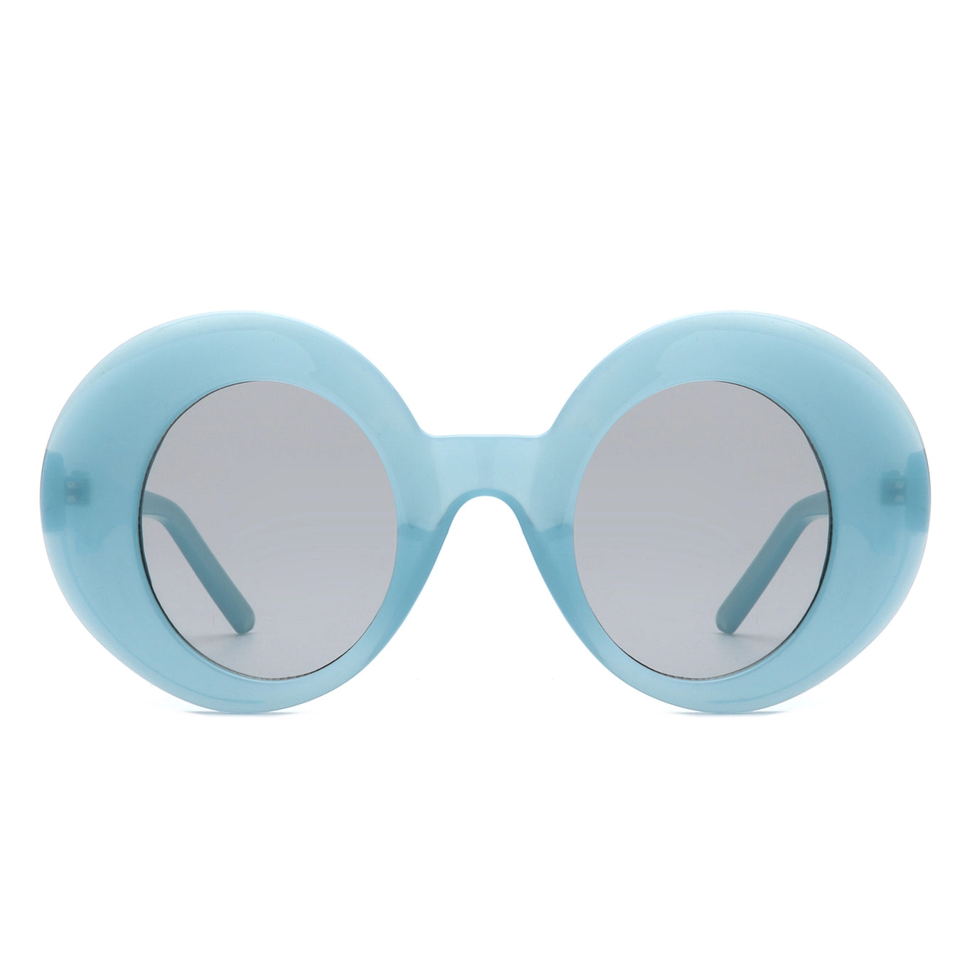 pair of cartoony semi-translucent retro round sunglasses with thick frames in a dusty robin’s egg blue and vertical oval shaped dark smoke lenses