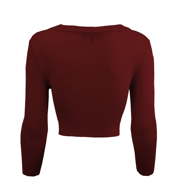 cropped length 3/4 sleeve 3-button v-neck cardigan in burgundy, showing the back