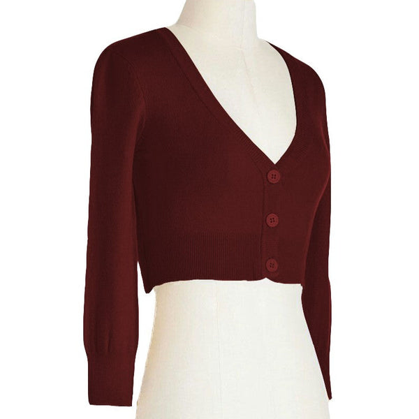 cropped length 3/4 sleeve 3-button v-neck cardigan in burgundy, shown on mannequin in 3/4 view