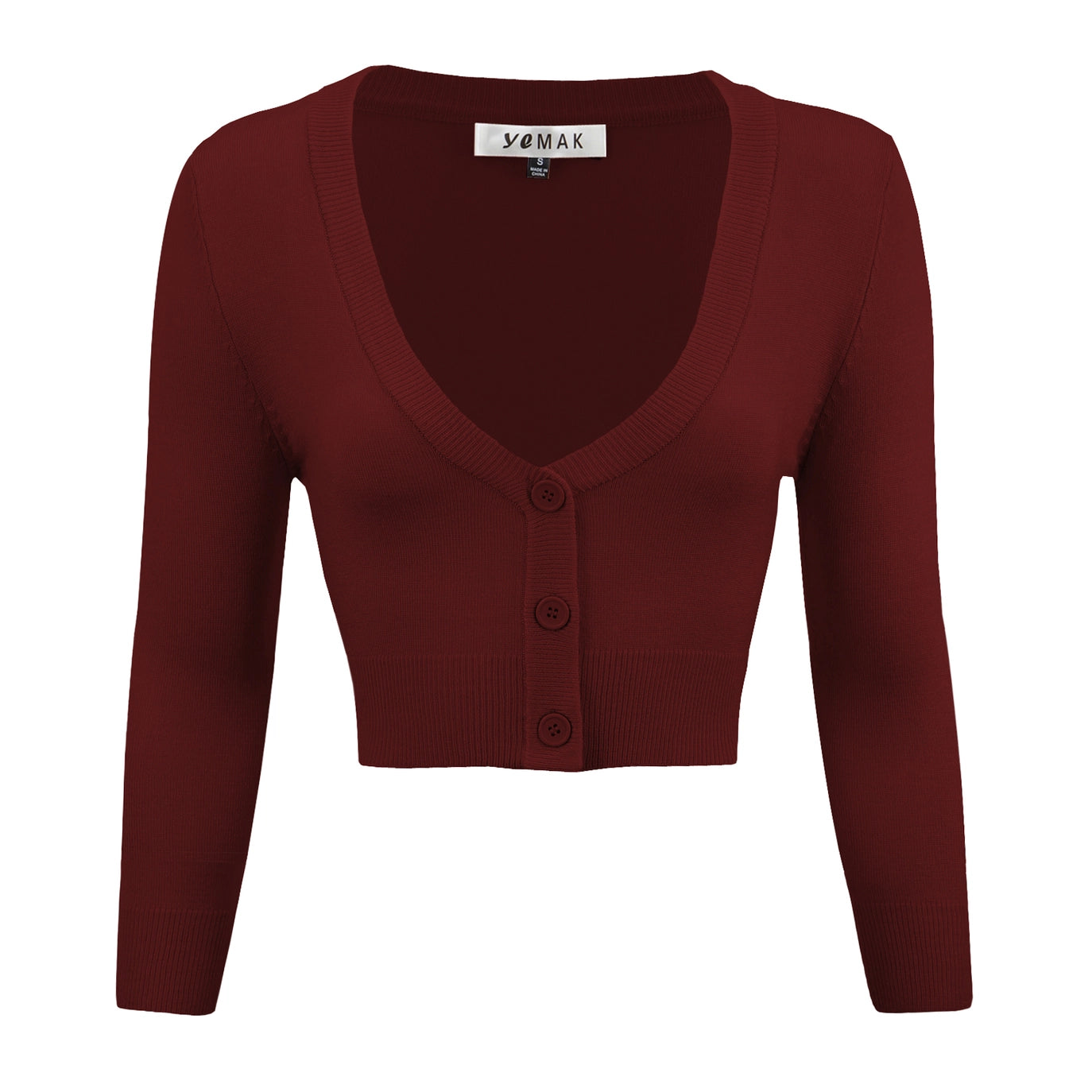 cropped length 3/4 sleeve 3-button v-neck cardigan in burgundy