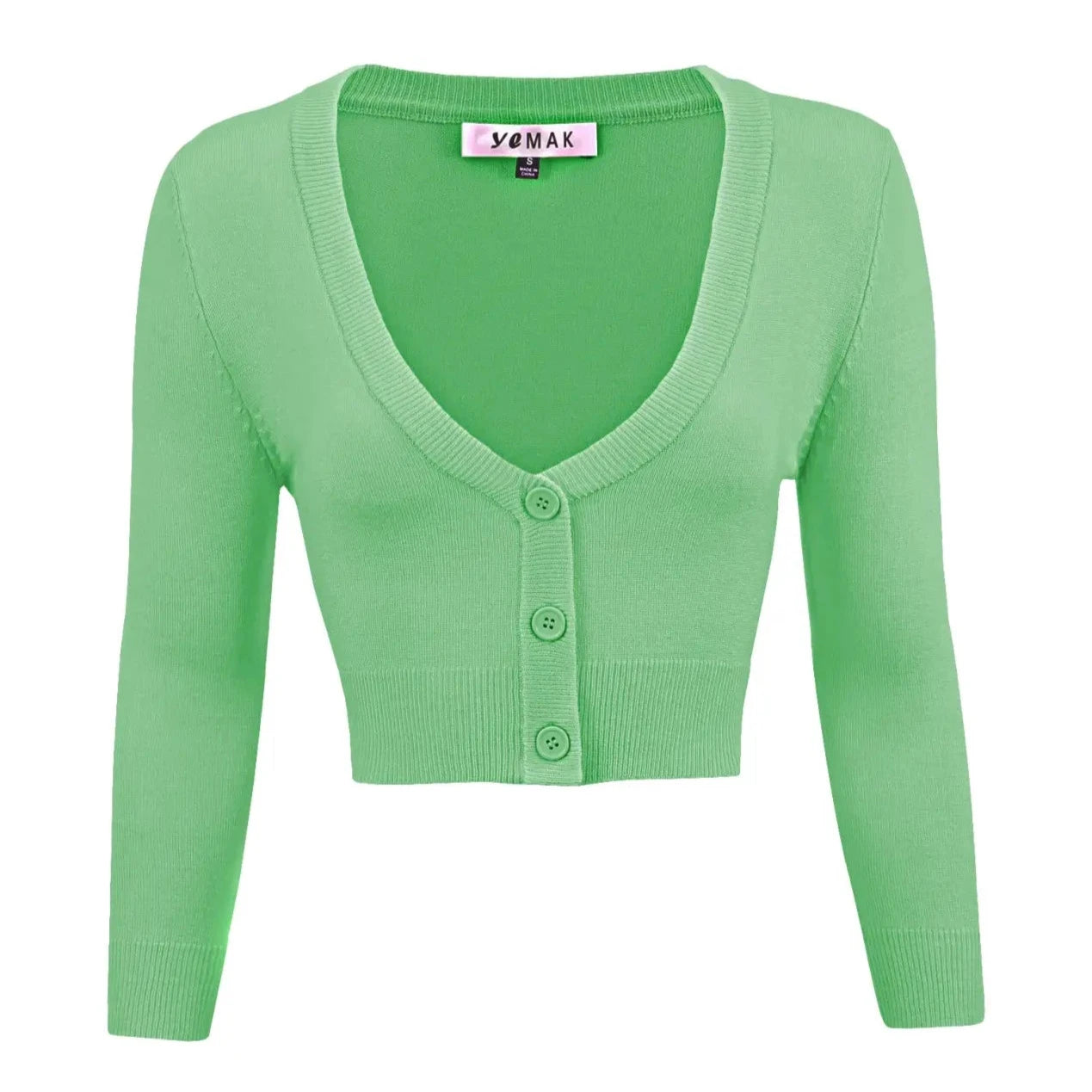 cropped length 3/4 sleeve 3-button v-neck cardigan in mint green