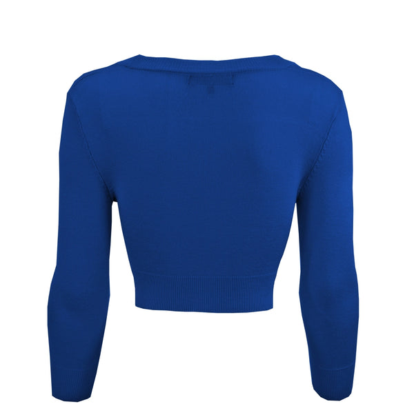 3/4 sleeve v-neck cropped cardigan with three matching color plastic buttons closure in a bright royal blue, showing back view