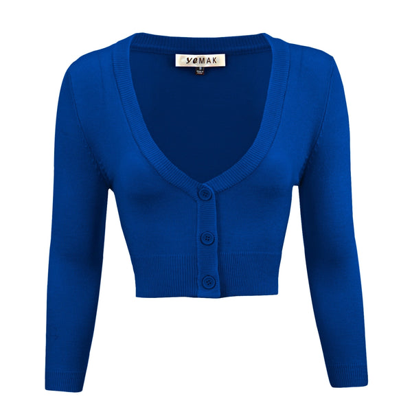 3/4 sleeve v-neck cropped cardigan with three matching color plastic buttons closure in a bright royal blue