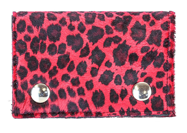 A fuzzy black and wine red leopard print faux-fur tri-fold chain wallet 