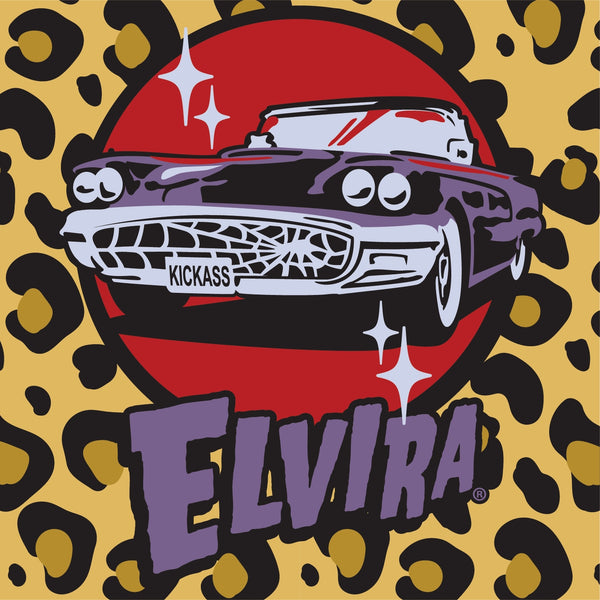 design of Elvira's car the Macabre Mobile, a purple Thunderbird with spiderweb grille and "KICKASS" license plate above purple Elvira logo on a yellow and orange leopard print background.