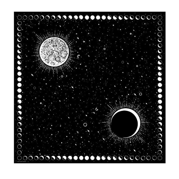 black cotton bandana with white screen printed design of large full moon opposite large crescent moon on starry background with border of moon phases. Shown flat