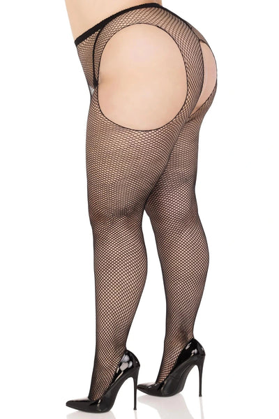 Black fishnet stockings with elastic waistband and cutouts constructed to create a "suspender" look, shown side view on model