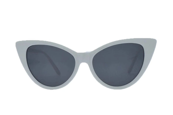 white plastic frame pointy cat-eye shaped sunglasses with black smoke lens